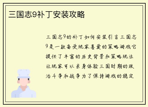 三国志9补丁安装攻略