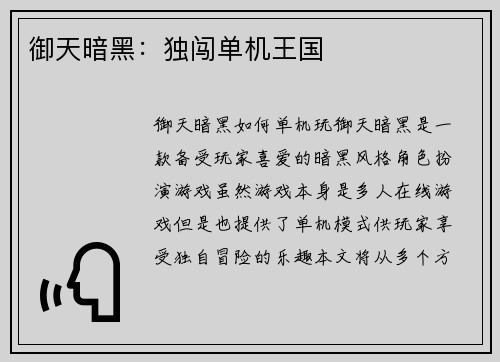 御天暗黑：独闯单机王国