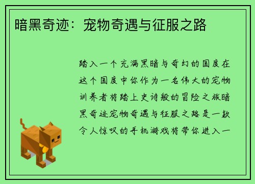 暗黑奇迹：宠物奇遇与征服之路